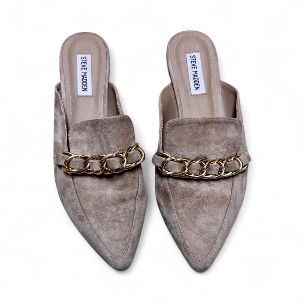 Steve Madden Faine Leather Chain Mules Beige Gold Accent Size 9.5M